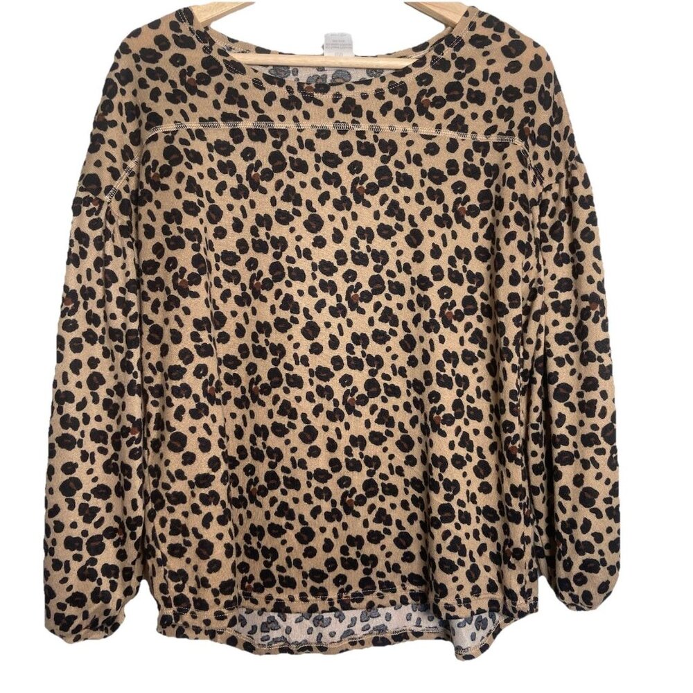 Moda Cheetah Animal Print‎ Top Blouse Womens Size M Long Sleeve Brown Mobwife